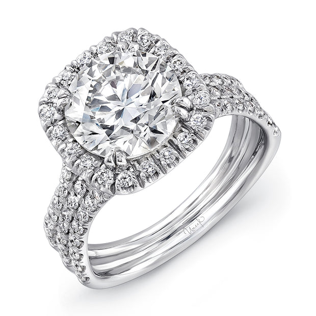 Uneek Round Diamond Engagement Ring with Cushion-Shaped Halo and Pave Triple Shank