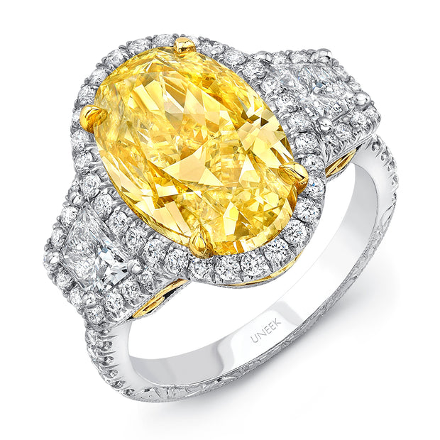 Uneek Natureal Collection 3-Stone-Halo Oval Yellow Diamond Engagement Ring