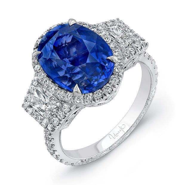 Uneek Precious Collection 3-Stone-Halo Oval Blue Sapphire Engagement Ring