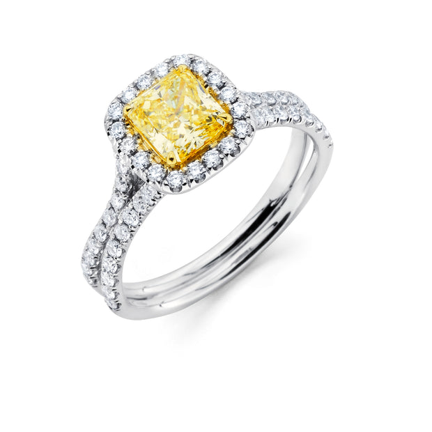 Uneek Fancy Yellow Radiant-Cut Diamond Halo Engagement Ring with Pave Silhouette Shank