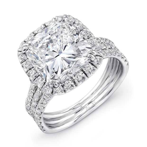 Uneek 4-Carat Cushion-Cut Diamond Halo Engagement Ring with Pave Triple Shank