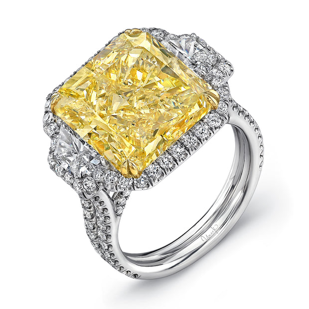 Uneek Natureal Collection 3-Stone-Halo Radiant Yellow Diamond Engagement Ring