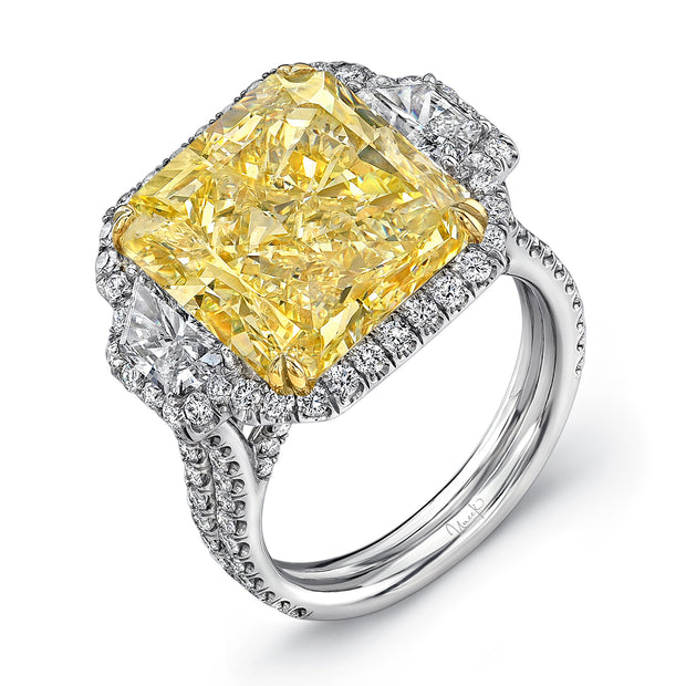 Uneek 11-Carat Radiant Fancy Yellow Diamond Contemporary Three-Stone Engagement Ring