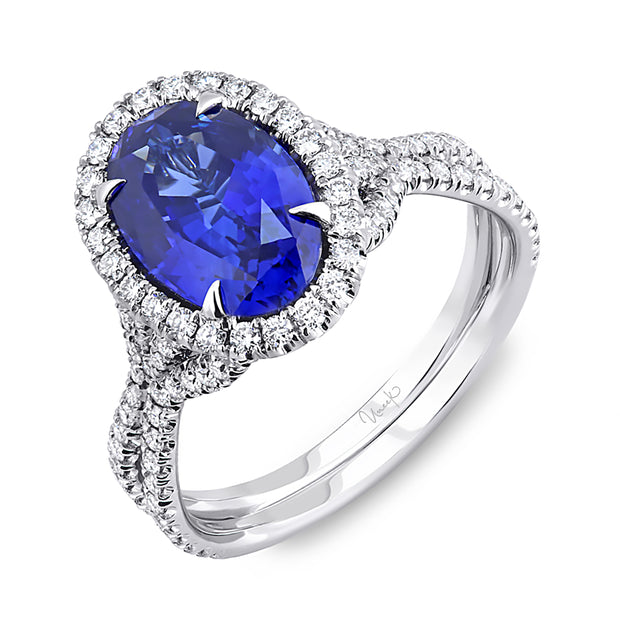 Uneek Precious Collection Halo Oval Blue Sapphire Engagement Ring