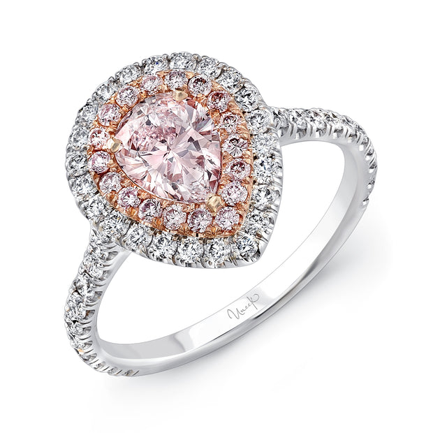 Uneek Pear-Shaped Pink Diamond Engagement Ring with Pink Diamond Inner Halo and White Diamond Outer Halo