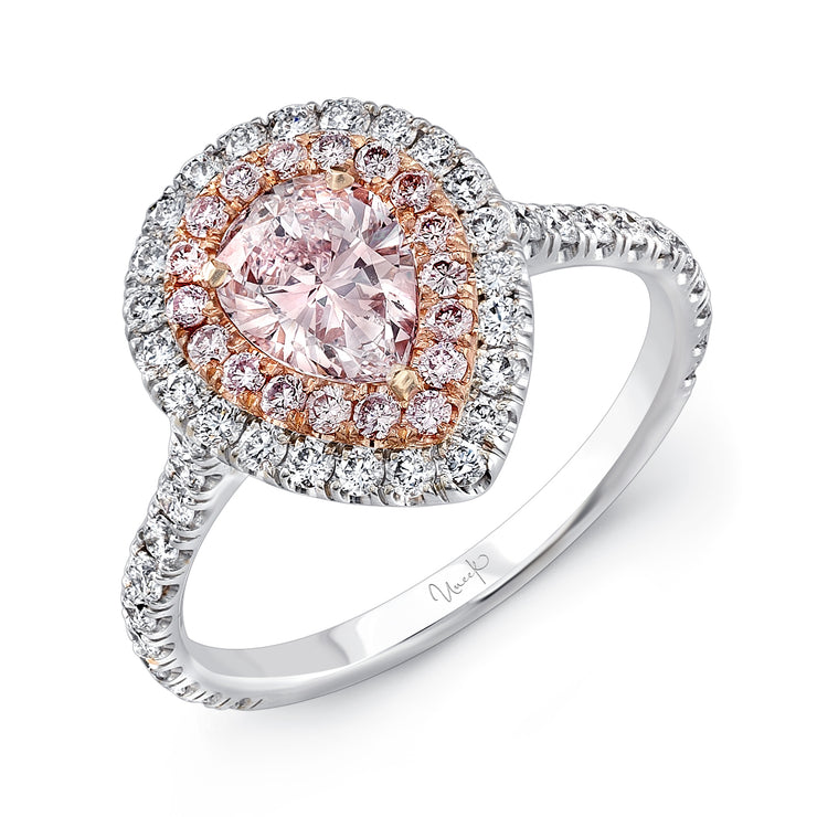 Uneek Pear-Shaped Pink Diamond Engagement Ring with Pink Diamond Inner Halo and White Diamond Outer Halo