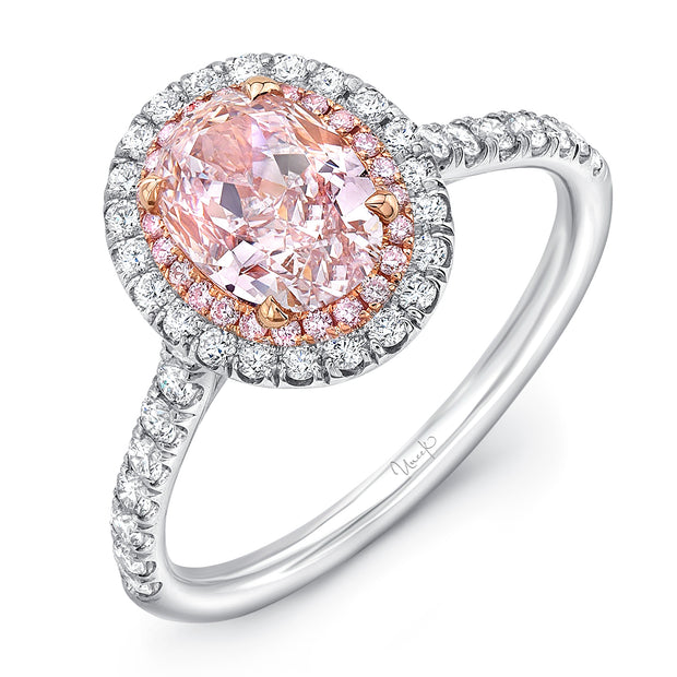 Uneek Oval Pink Diamond Engagement Ring with Pink Diamond Inner Halo and White Diamond Outer Halo