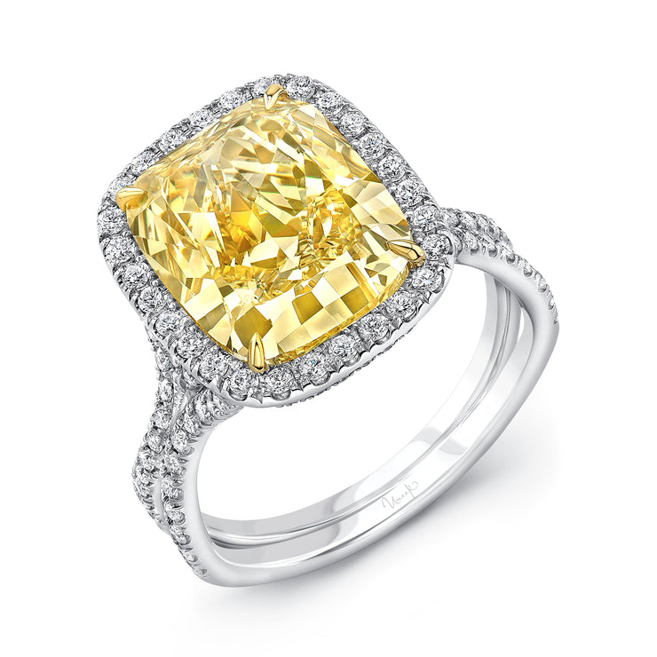 Uneek Natureal Collection Halo Radiant Fancy Yellow Diamond Engagement Ring