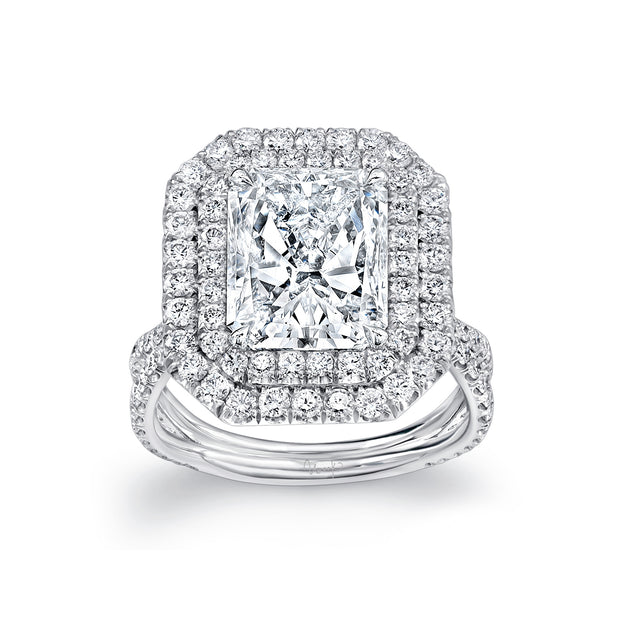 Uneek 4-Carat Radiant-Cut Diamond Engagement Ring with Dreamy Double Halo and Pave Silhouette Double Shank
