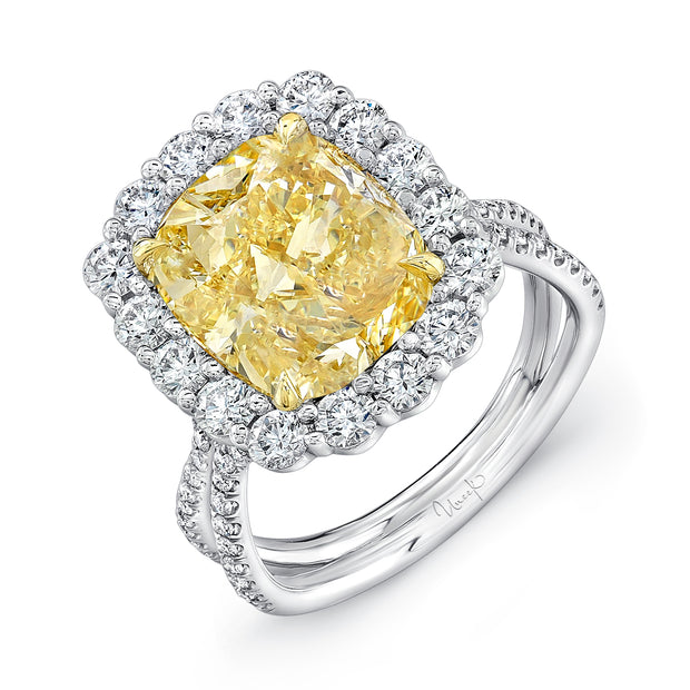 Uneek 5-Carat Cushion-Cut Yellow Diamond Engagement Ring with Scalloped Halo and Silhouette Double Shank