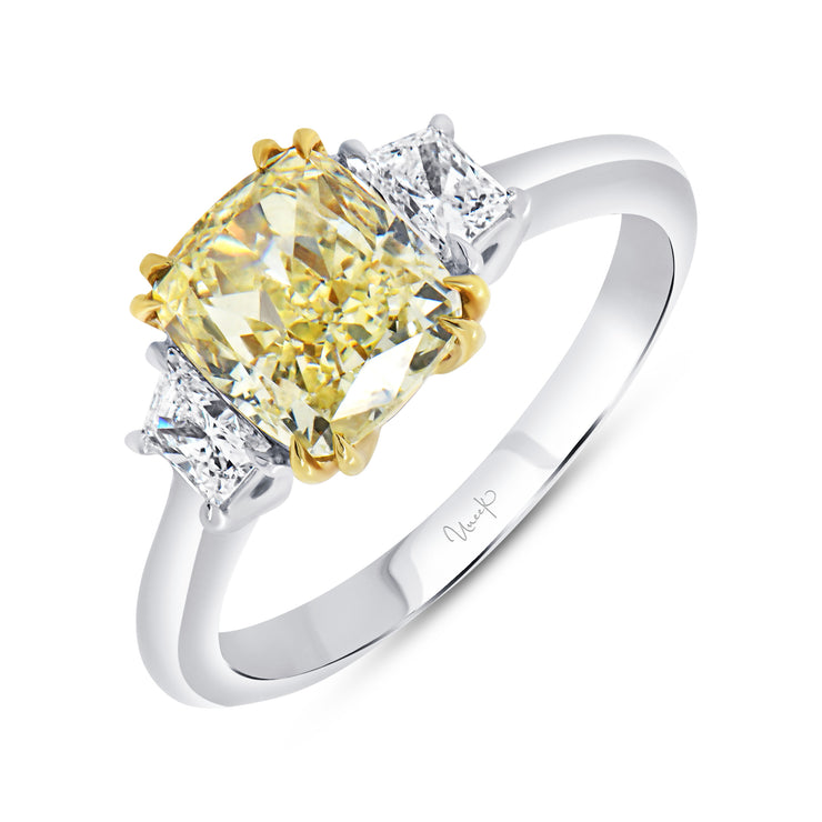 Uneek Natureal Collection Three-Stone Cushion Yellow Diamond Engagement Ring