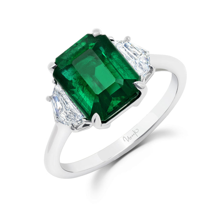 Uneek Precious Collection Three-Stone Emerald Cut Emerald Engagement Ring