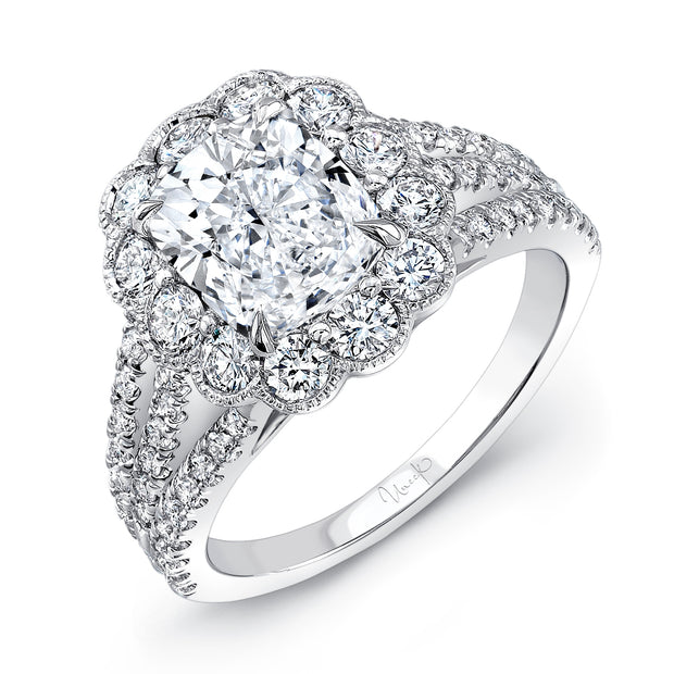 Uneek Cushion-Cut Diamond Engagement Ring with Antique-Inspired Scalloped Halo and Triple-Split Upper Shank