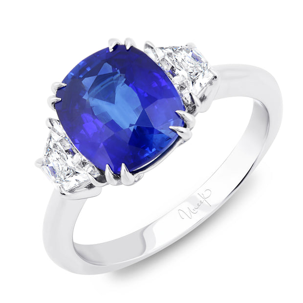 Uneek Precious Collection Three-Stone Cushion Blue Sapphire Engagement Ring