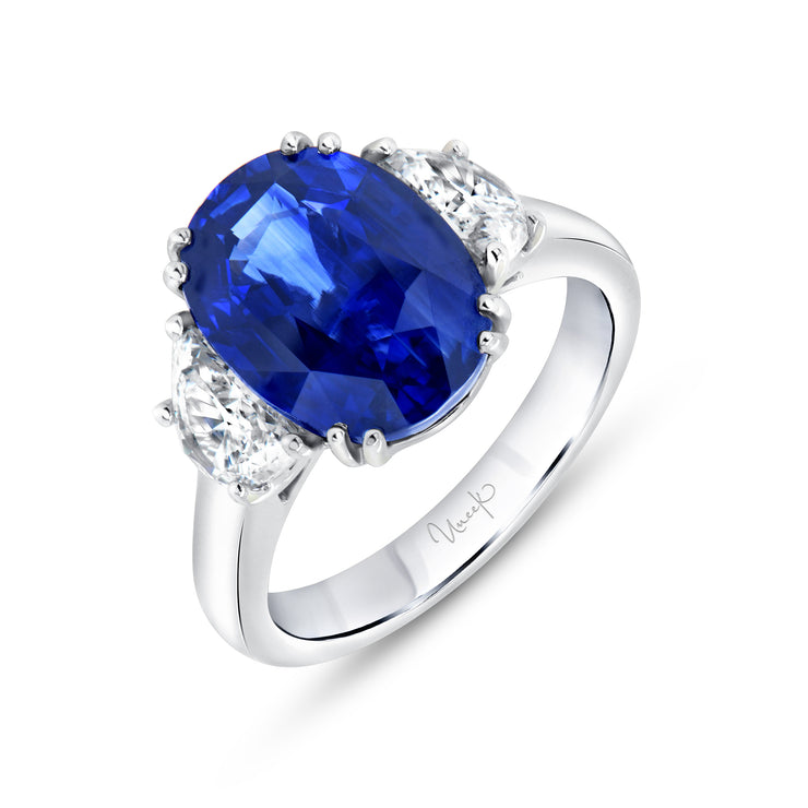 Uneek Precious Collection Three-Stone Oval Blue Sapphire Engagement Ring