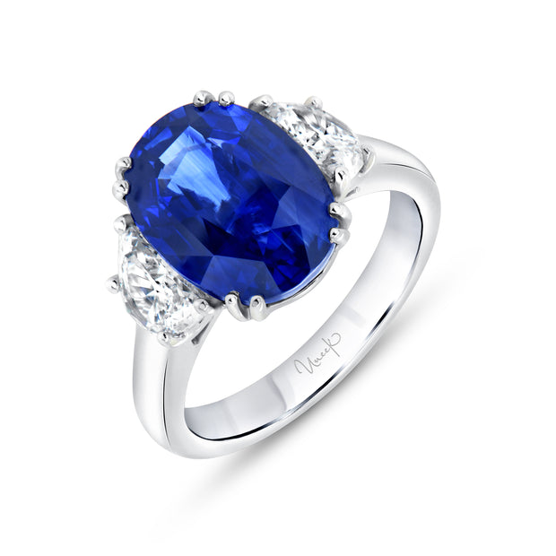 Uneek Precious Collection Three-Stone Oval Blue Sapphire Engagement Ring