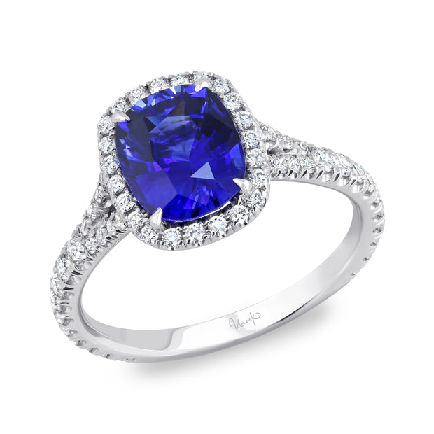 Uneek Precious Collection Halo Cushion Blue Sapphire Engagement Ring