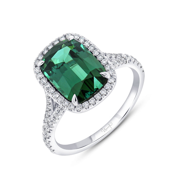 Uneek Precious Collection Halo Cushion Indicolite Tourmaline Engagement Ring