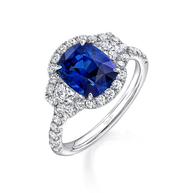 Uneek Precious Collection 3-Stone-Halo Cushion Blue Sapphire Engagement Ring
