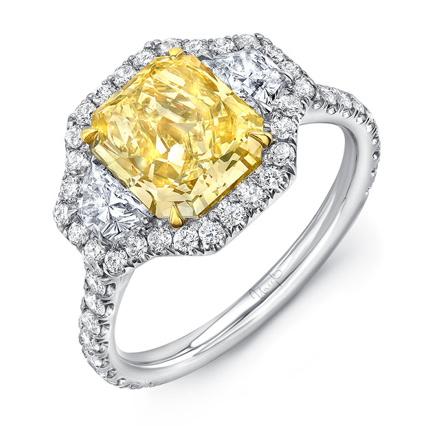 Uneek Natureal Collection 3-Stone-Halo Radiant Fancy Yellow Diamond Engagement Ring