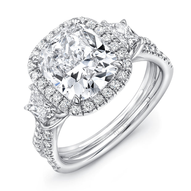Uneek Three-Stone Engagement Ring with 3-Carat Cushion-Cut Center on Halo and Pave Double Shank