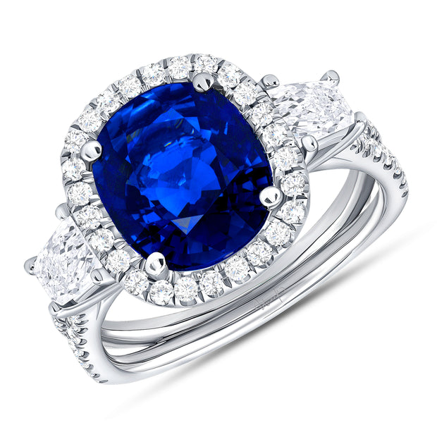 Uneek Precious Collection 3-Stone-Halo Cushion Blue Sapphire Engagement Ring
