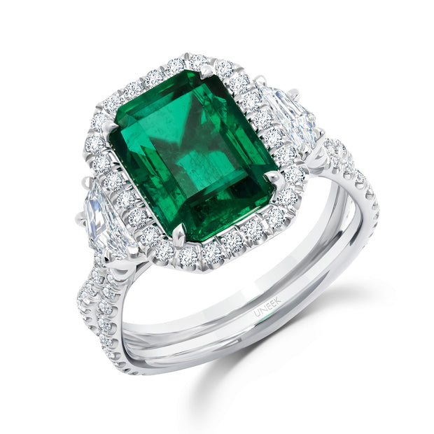 Uneek Three-Stone Ring with Emerald-Cut Green Emerald Center and Pave Silhouette Shank