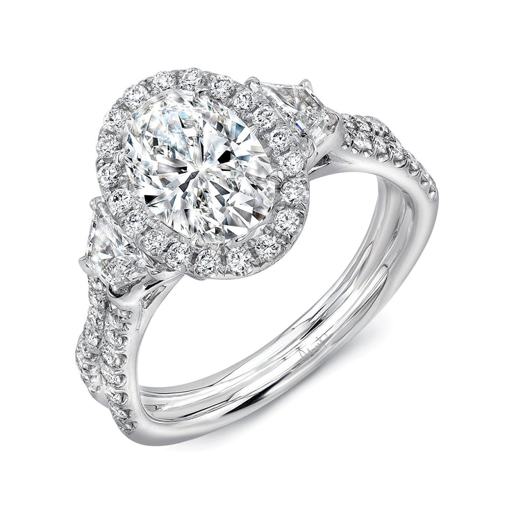 Uneek Silhouette Collection 3-Stone-Halo Oval Shaped Engagement Ring
