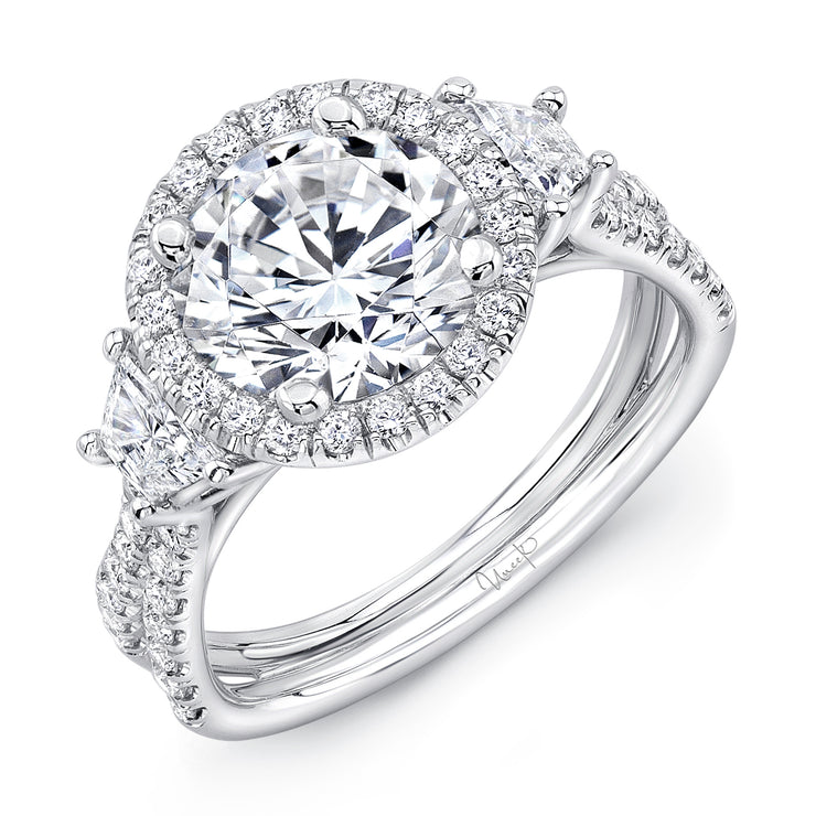 Uneek Silhouette Collection 3-Stone-Halo Round Engagement Ring