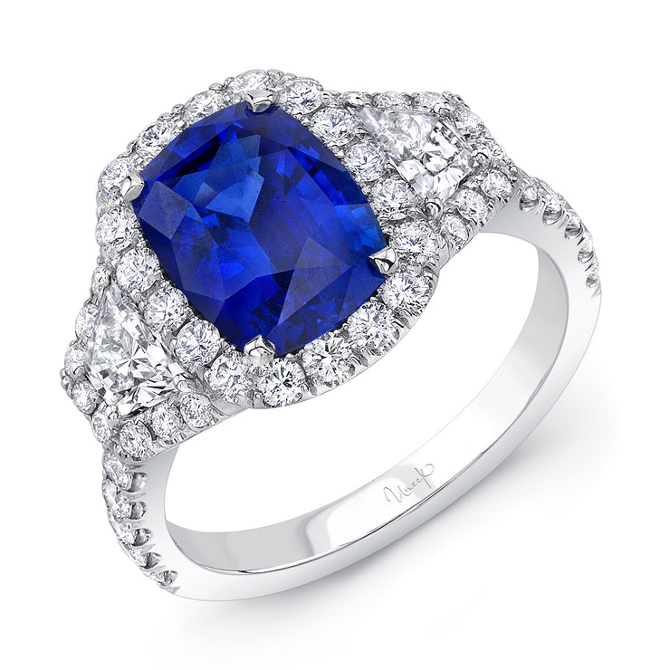 Uneek Precious Collection 3-Stone-Halo Cushion Blue Sapphire Engagement Ring