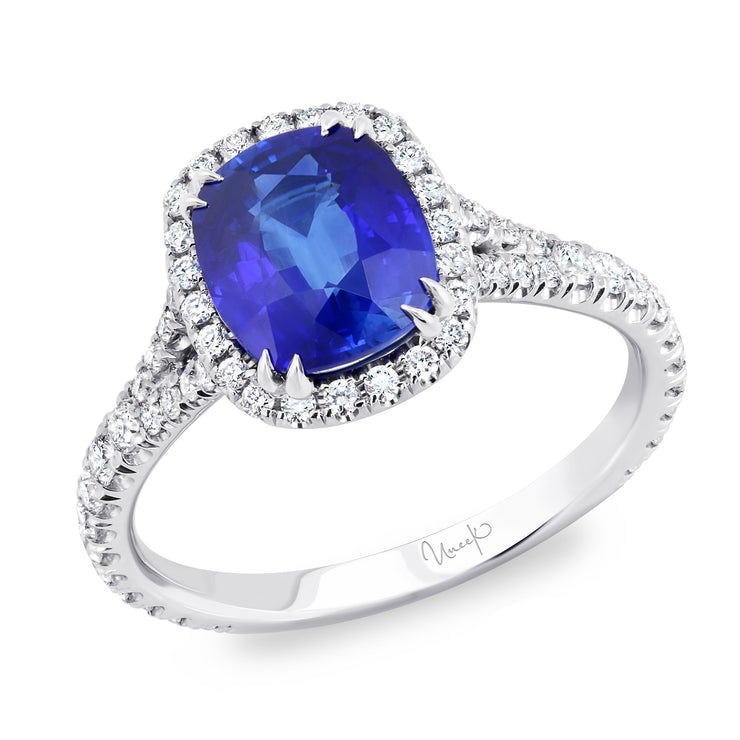 Uneek Precious Collection Halo Cushion Blue Sapphire Engagement Ring