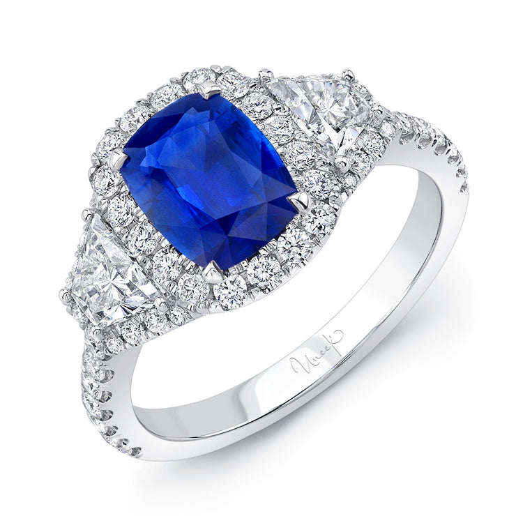 Uneek Precious Collection 3-Stone-Halo Cushion Blue Sapphire Engagement Ring