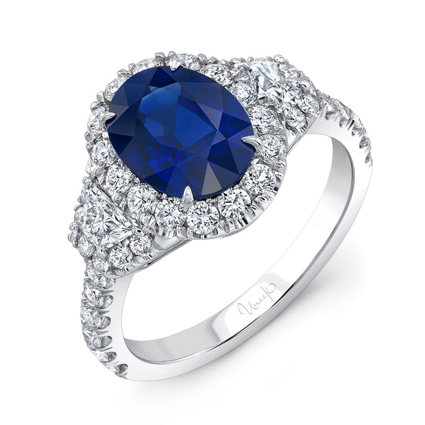 Uneek Oval Sapphire-Centered Three-Stone Engagement Ring with Trapezoid Diamond Sidestones