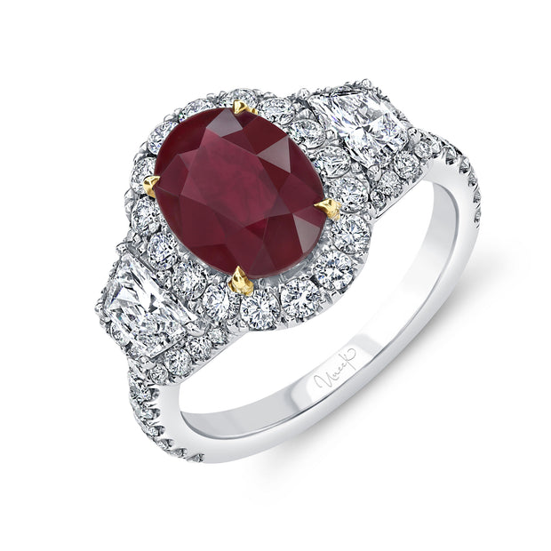 Uneek Precious Collection 3-Stone-Halo Oval Ruby Engagement Ring