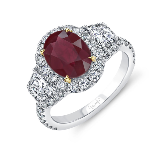 Uneek Oval Ruby Ring with Diamond Halo and Trapezoid Sidestones