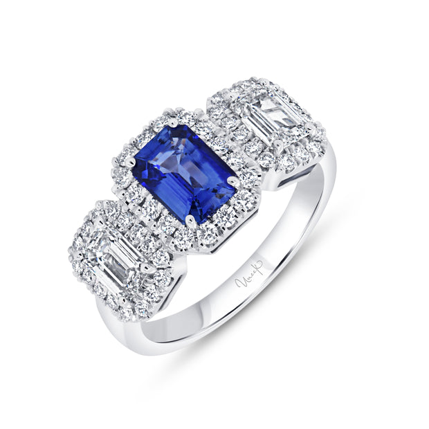 Uneek Signature Collection 3-Stone-Halo Emerald Cut Diamond Engagement Ring