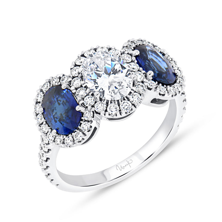 Uneek Precious Collection 3-Stone-Halo Oval Diamond Engagement Ring