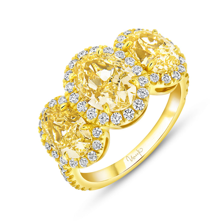 Uneek Natureal Collection 3-Stone-Halo Oval Fancy Yellow Diamond Anniversary Ring