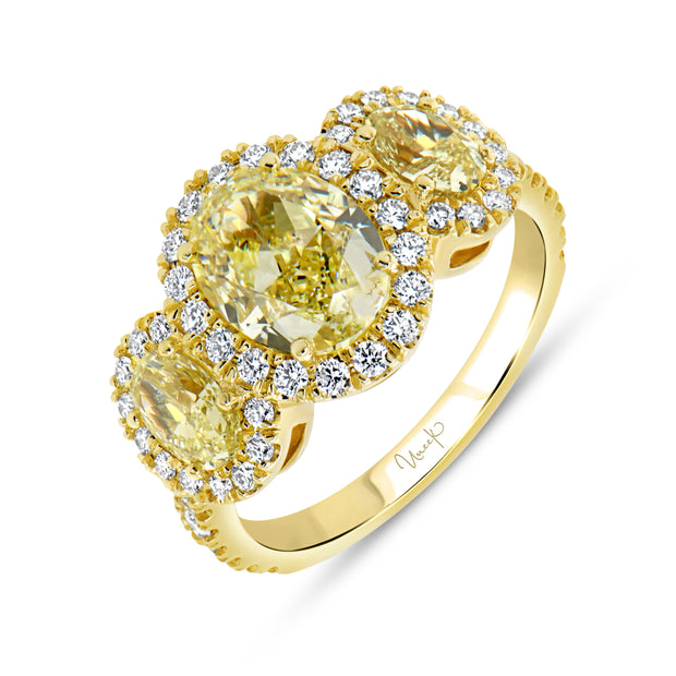 Uneek Natureal Collection 3-Stone-Halo Fancy Light Yellow Diamond Anniversary Ring