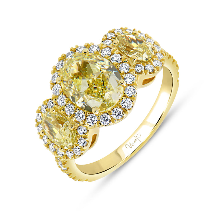 Uneek Natureal Collection 3-Stone-Halo Fancy Light Yellow Diamond Anniversary Ring