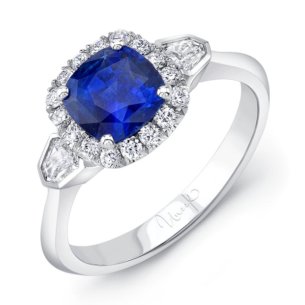 Uneek Precious Collection 3-Stone-Halo Cushion Blue Sapphire Engagement Ring