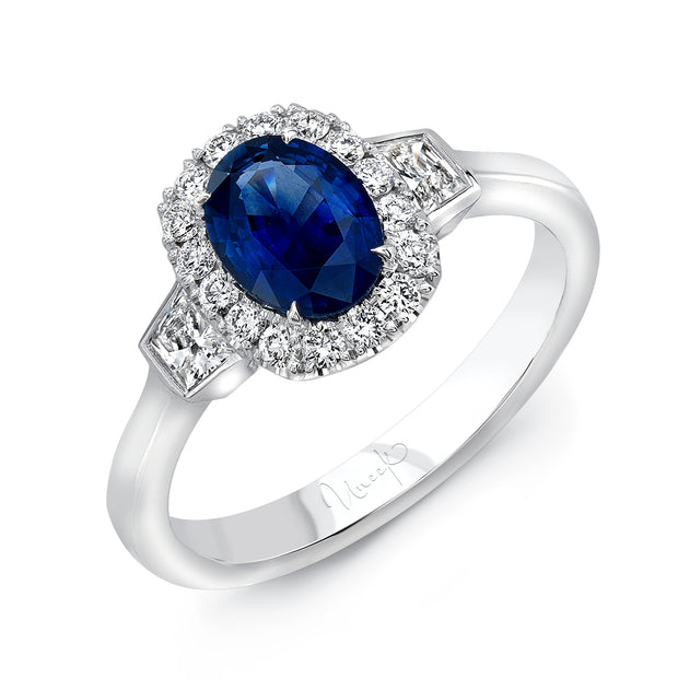 Uneek Oval Blue Sapphire and Trapezoid Diamond Three-Stone Ring