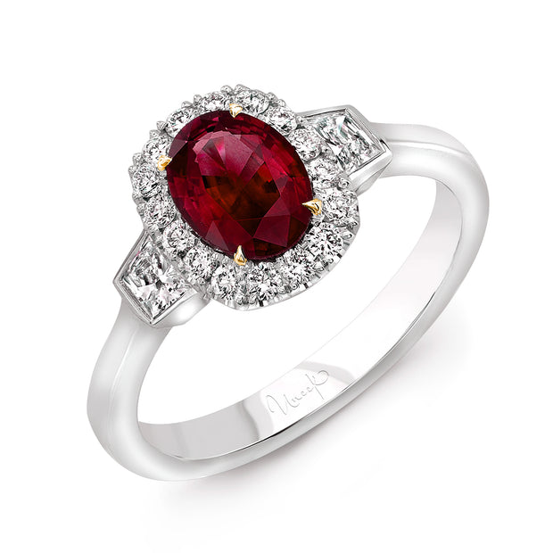 Uneek Precious Collection 3-Stone-Halo Oval Ruby Engagement Ring