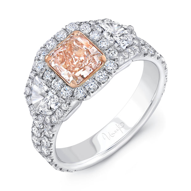 Uneek Natureal Collection 3-Stone-Halo Radiant Pink Diamond Engagement Ring