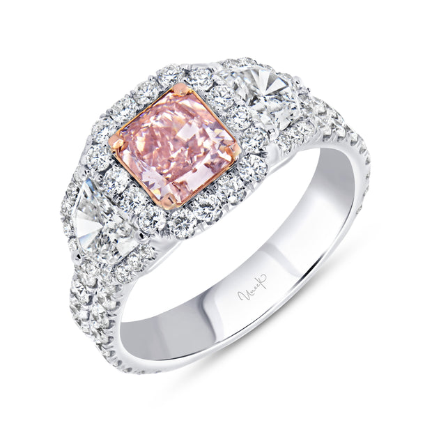 Uneek Natureal Collection 3-Stone-Halo Radiant Pink Diamond Engagement Ring
