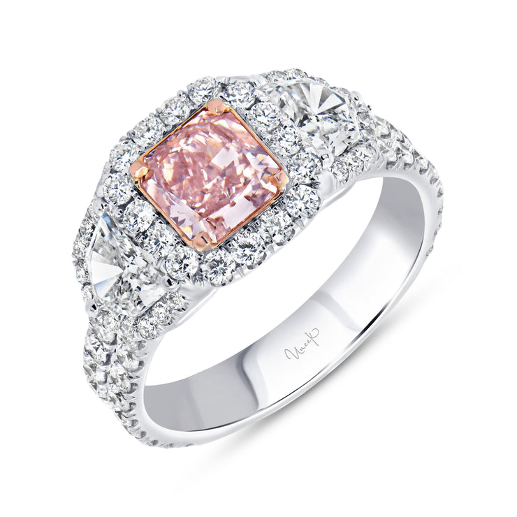 Uneek Natureal Collection 3-Stone-Halo Radiant Pink Diamond Engagement Ring