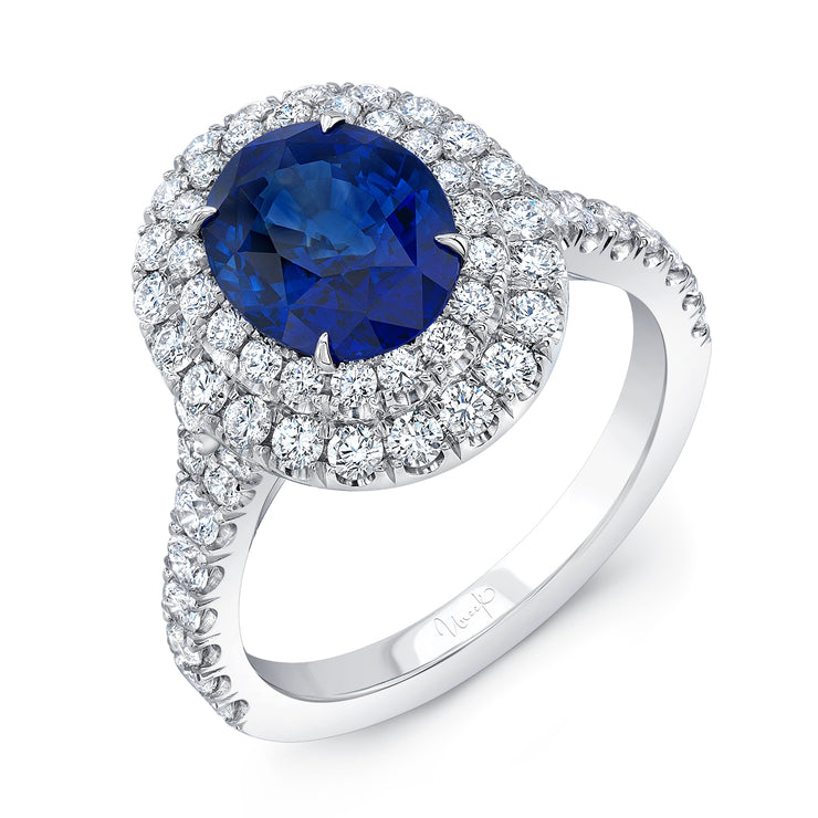 Uneek Precious Collection Double-Halo Oval Blue Sapphire Engagement Ring