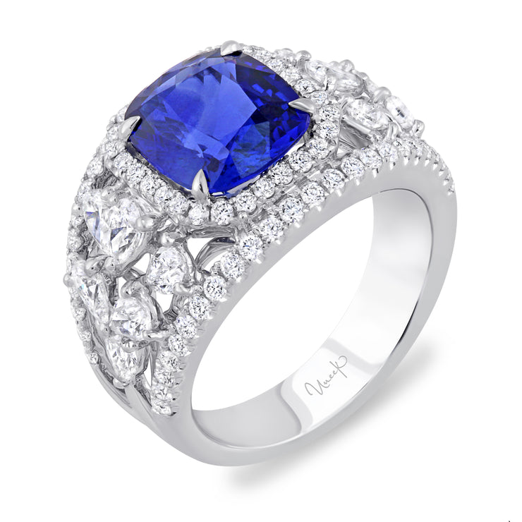 Uneek Precious Collection Halo Cushion Blue Sapphire Engagement Ring