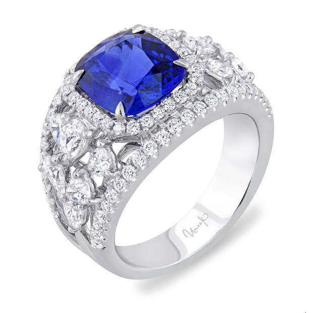 Uneek Precious Collection Halo Cushion Blue Sapphire Engagement Ring