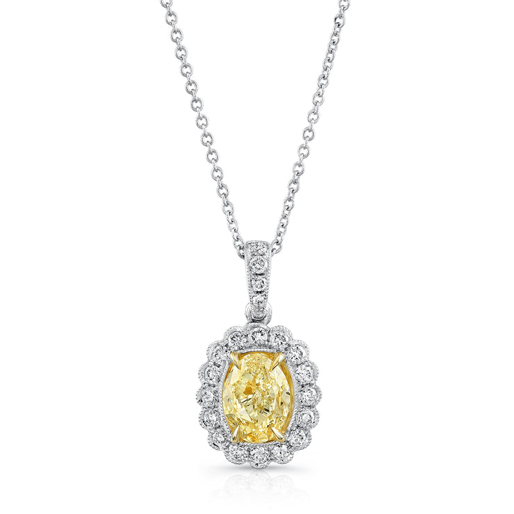 Uneek Oval Fancy Yellow Diamond Pendant with Scallop-Style Diamond Halo